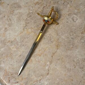 Toledo Sword Letter Opener Vintage Spain Gold Tone Enamel Rapier Mini 5" VTG